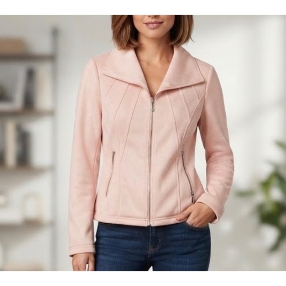Kenneth Cole Reaction Womens‎ Faux Suede Full Zip Jacket Blush Pink Small